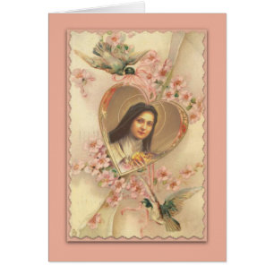 Vintage Karte St. Therese mit rosa Blumen