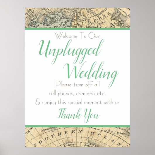Vintage Karte Unplugged Wedding Sign (Extra Large) Poster (Vorne)