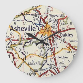 Vintage Karte von Asheville Große Wanduhr