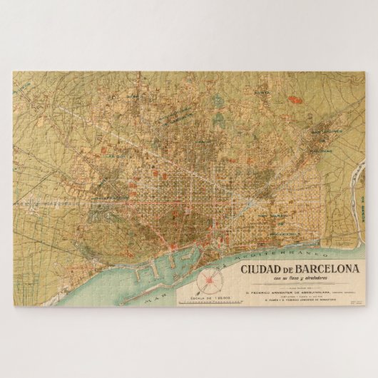 Vintage Karte von Barcelona Spanien (1919) Puzzle (Horizontal)