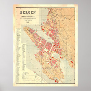 Vintage Karte von Bergen Norwegen (1885) Poster