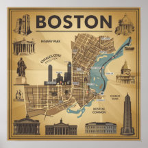 Vintage-Karte von Boston Massachusetts, Boston Ma