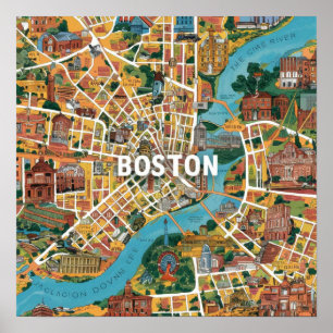 Vintage-Karte von Boston Massachusetts, Boston Ma  Poster