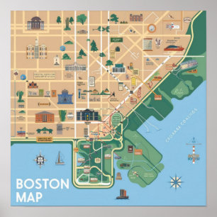 Vintage-Karte von Boston Massachusetts, Boston Ma Poster