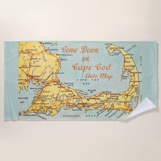Vintage Karte von Cape Cod Blue Strandtuch (Vorderseite)