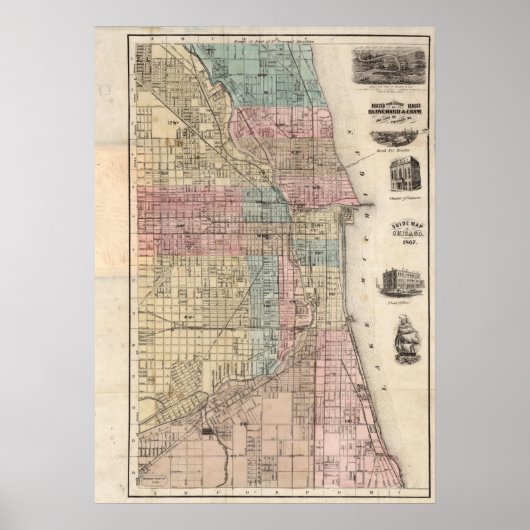 Vintage Karte von Chicago Poster (Vorne)