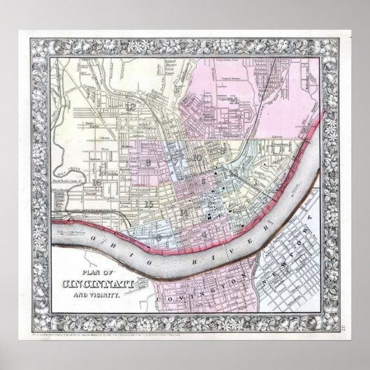 Vintage Karte von Cincinnati, 1864 Poster (Vorne)