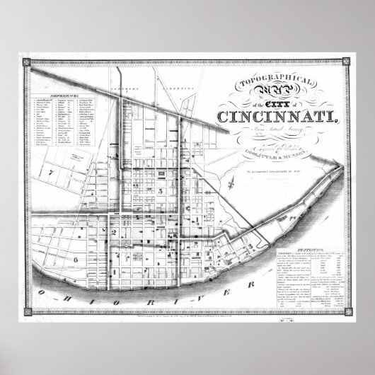 Vintage Karte von Cincinnati Ohio (1841) BW Poster (Vorne)