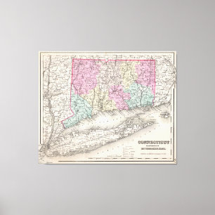 Vintage Karte von Connecticut (1857) Leinwanddruck