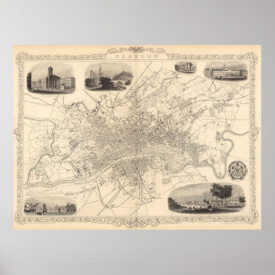 Vintage Karte von Glasgow, Schottland (1851) Poster