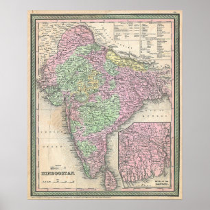 Vintage Karte von Indien, 1853 Poster