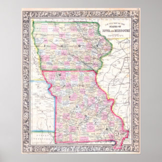 Vintage Karte von Iowa u. von Missouri, 1864 Poster