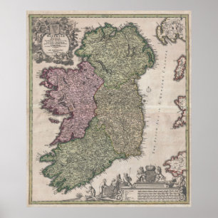 Vintage Karte von Irland (1716) Poster