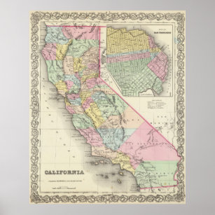 Vintage Karte von Kalifornien (1856) Poster