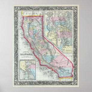 Vintage Karte von Kalifornien (1860) Poster