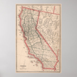 Vintage Karte von Kalifornien (1883) Poster