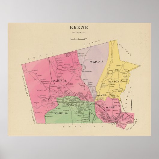 Vintage Karte von Keene New Hampshire (1892) Poster (Vorne)