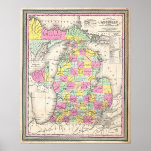Vintage-Karte von Michigan, 1853 Poster