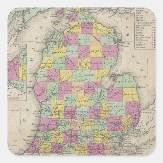 Vintage Karte von Michigan (1853) Quadratischer Aufkleber (Vorderseite)