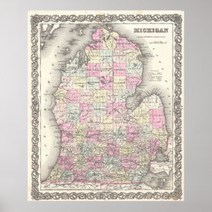 Vintage Karte von Michigan (1855) Poster