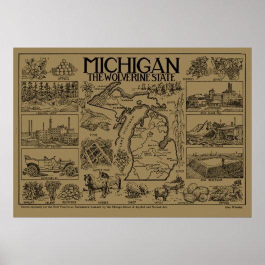 Vintage Karte von Michigan (1912) - Tan Poster (Vorne)