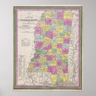 Vintage Karte von Mississippi, 1853 Poster