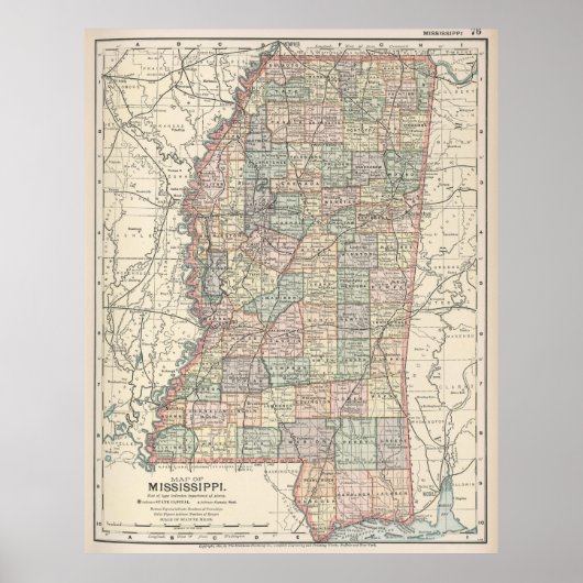 Vintage Karte von Mississippi (1891) Poster (Vorne)