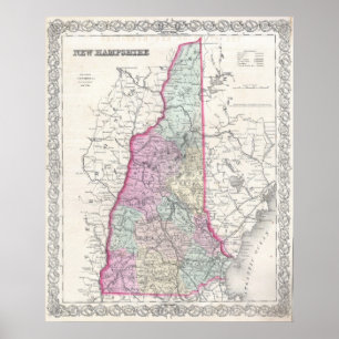 Vintage Karte von New Hampshire (1855) Poster