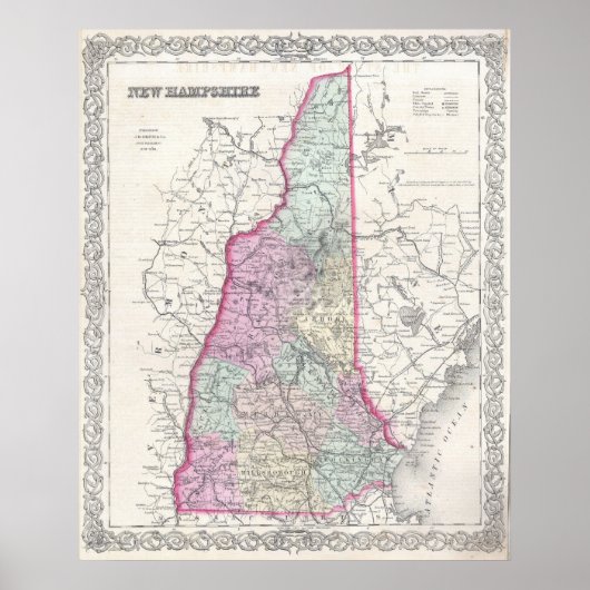 Vintage Karte von New Hampshire (1855) Poster (Vorne)