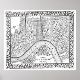 Vintage Karte von New Orleans (1880) BW Poster