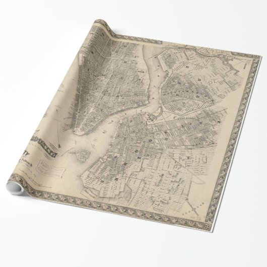 Vintage Karte von NYC und Brooklyn (1855) Geschenkpapier (Ungerollt)