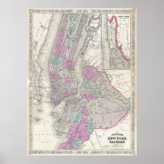Vintage Karte von NYC und Brooklyn (1866) Poster (Vorne)