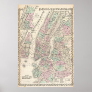 Vintage Karte von NYC und von Brooklyn (1865) Poster