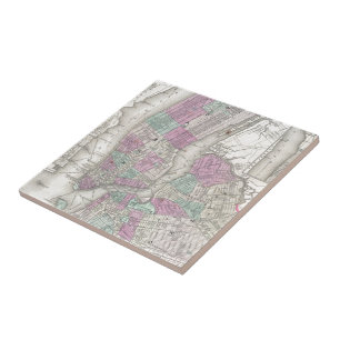 Vintage Karte von NYC und von Brooklyn (1866) Fliese