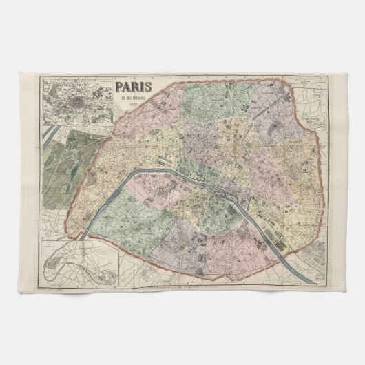 Vintage Karte von Paris 1878 Geschirrtuch (Horizontal)