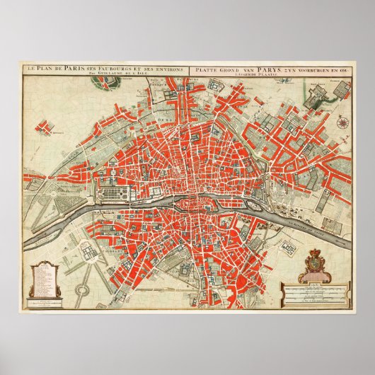 Vintage Karte von Paris Frankreich (1721-1774) Poster (Vorne)
