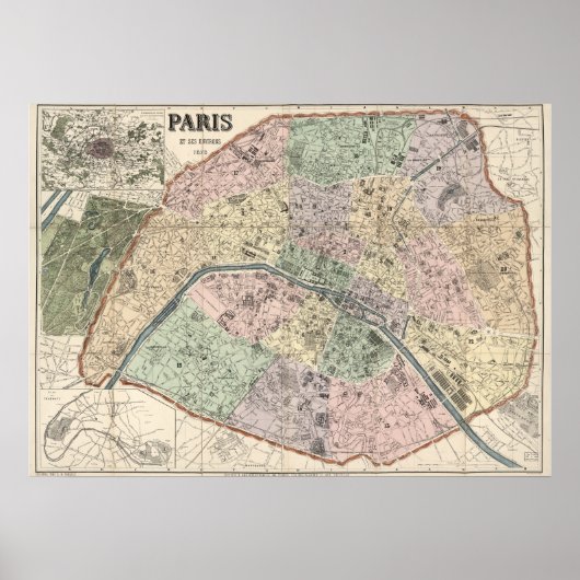 Vintage Karte von Paris Frankreich 1878 Poster (Vorne)