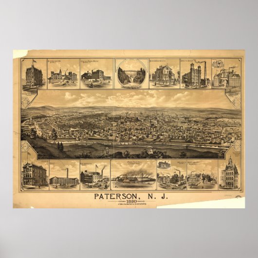 Vintage Karte von Paterson NJ (1880) Poster (Vorne)