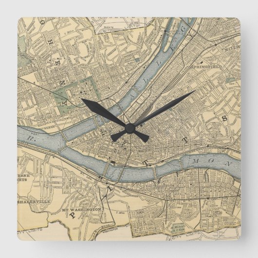 Vintage Karte von Pittsburgh PA (1891) Quadratische Wanduhr (Vorderseite)