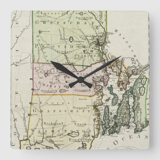 Vintage Karte von Rhode Island (1797) Quadratische Wanduhr (Vorderseite)