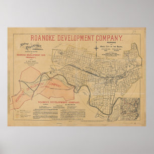 Vintage Karte von Roanoke VA (1890) Poster