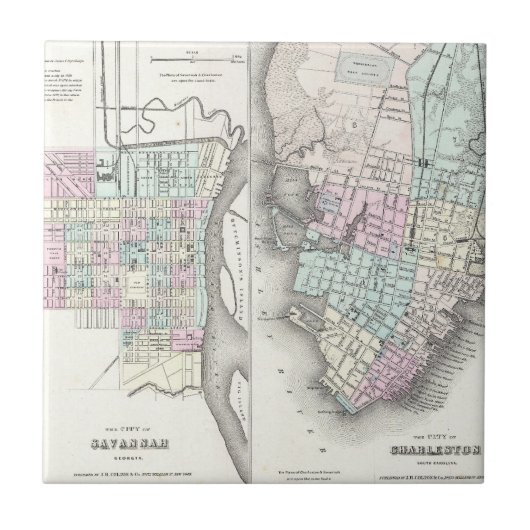 Vintage Karte von Savannah und Charleston (1855) Fliese (Vorderseite)