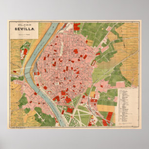 Vintage Karte von Sevilla Spanien (1918) Poster