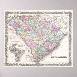Vintage Karte von South Carolina (1855) Poster