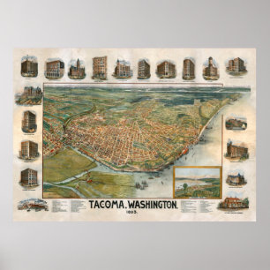 Vintage Karte von Tacoma WA (1893) Poster