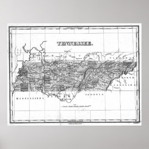 Vintage Karte von Tennessee (1827) BW Poster