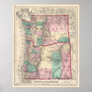 Vintage Karte von Washington und von Oregon (1875) Poster