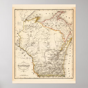 Vintage Karte von Wisconsin 1852 Poster