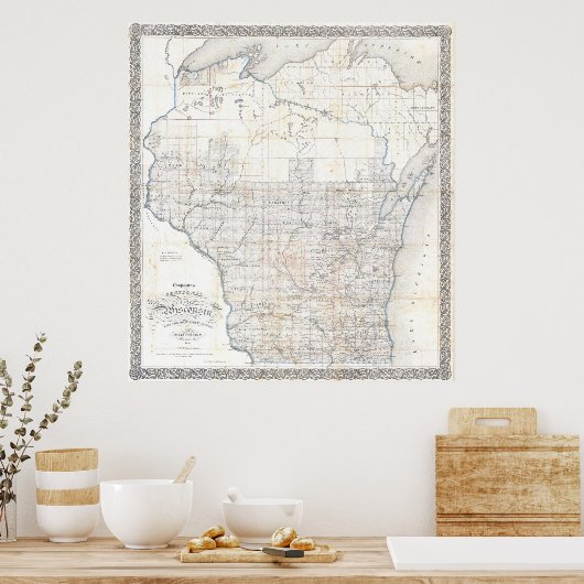 Vintage Karte von Wisconsin (1856) Poster (Küche)