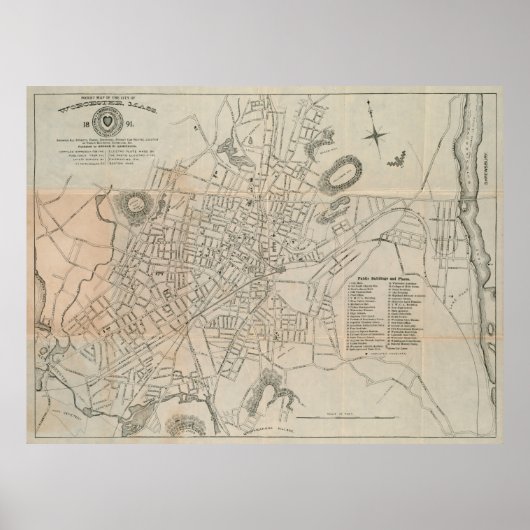 Vintage Karte von Worcester MA (1891) Poster (Vorne)